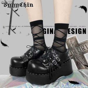 Kvinnor pumpar Mary Jane Derby Metal Decoration Platform Flat Heel Female Shoes Ladies Wedge Lolita Gothic Harajuku Punk Footwear L230704