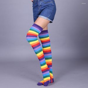 Meias femininas Meias de algodão Listras de arco-íris Tamanho grande Coxa acima do joelho Pernas charmosas Long Street Cosplay Stocking