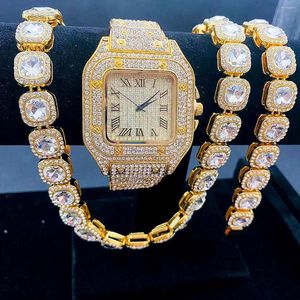 Наручные часы 3 шт., хип-хоп, Iced Out, часы, браслет, мужская цепочка, теннис, полный Майами, кубинские цепочки, блестящие ожерелья для мужчин, ювелирные изделия, подарок