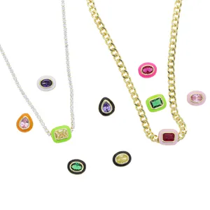 Custom DIY Mini Colorful Elliptic Water Drop Square Charm Pendant Necklace Women Lady Girl New Fashion Iced Out Zirconia Hip Hop Jewelry