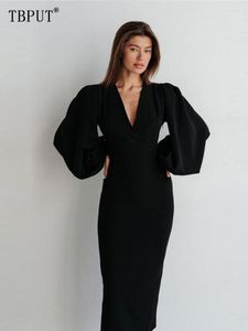 Casual Dresses Elegant Solid Bishop Sleeve Midi Dress Women Fashion Slim V Neck Long Sleeves Robe Female 2023 Spring Office Lady Black