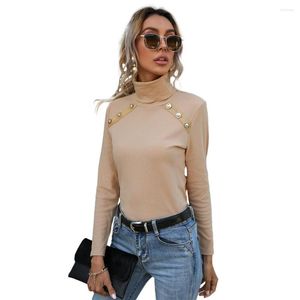 T-shirt da donna 2023 T-shirt a maniche lunghe a collo alto con bottoni slim primavera autunno per le donne T-shirt all-match Top Felpa bianca nera femminile