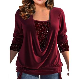 Pants Fashion Sequin Plus Size T -shirt Fake Two Piece Tops Women Lose Ruched Curvy Ropa Mujer Chemises ET BLOUSES ROUPAS FEMININAS