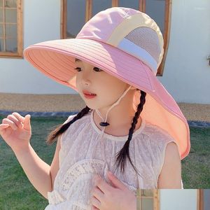 Accessori per capelli Cappello da sole estivo per bambini con cinturino con patta al collo Cappellino da spiaggia a tesa larga Cappellino per bambini Protezione UV Cappello panama per ragazzi Ragazze D Dhe0Q