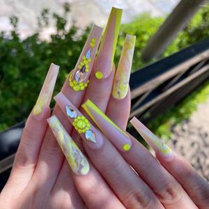 False Nails 3D Fake Accessories Fluorescent Yellow Nail With Glitter Diamond Long French Coffin Tips Faux Ongles Press On