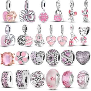 925 Silver Fit Pandora Charm Rose Pink Series Infinite Love Mom Heart to Heart Deads Dangle Fashion Charms مجموعة قلادة DIY Fine Beads Jewelry