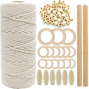 Garn Trähantverk Macrame sladd Naturligt bomullsrep med träpinnespärla för gör-det-självbitring kit Vägghängande #T2G291k