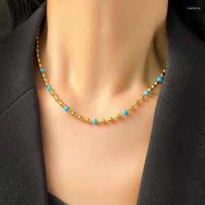 Choker MIGGA Edelstahl INS Style Blaue Perlenkette Halskette Goldfarben plattiert Nicht verblassender Damenschmuck