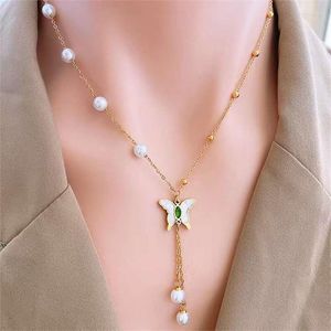 Pendant Necklaces Stainless Steel Shell Butterfly Necklace For Women Gold Color Pearl Tassel Choker Chain Valentine's Day Gift Jewellery