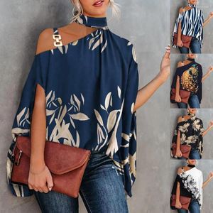 Blusas femininas com estampa de pavão top manga morcego 2023 moda verão 2023 frente única blusa oca listrada azul senhora elegante solta escritório