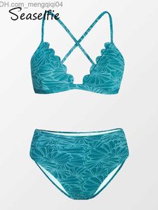 Damen-Bademode SEASELFIE Green Scalloped High Waist Bikini Set Damen-Bademode Sexy V-Ausschnitt Zweiteiler Bademode 2023 Bademode Strandanzug Z230712