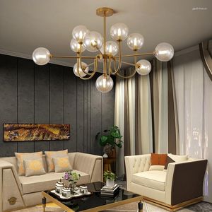 Chandeliers LED Chandelier For Living Room Bedroom Dining Kitchen Ceiling Pendant Lamp Gold Retro Amber Glass Ball Nordic Hanging Light