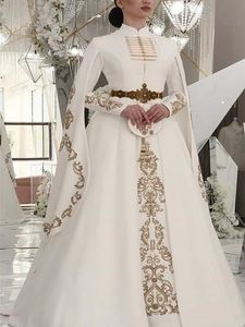 Traditional Caucasus Wedding Dresses with Cape Long Sleeve Gold Embroidery Arabic Kaftan Turkey Muslim high neck Bride Gown