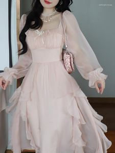 Casual Dresses Pink Chiffon Vintage Sweet Dress Women A-Line France Elegant Party Midi Female Korean Style Flare Sleeve Summer 2023