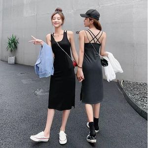 Abiti casual Womens Midi Tank Dress per l'estate 2023 Sexy Backless Slip nero / grigio Abiti da donna Chic A Line Style Vestidos