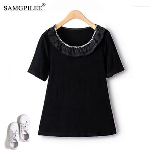 Women's T Shirts Ruffled Black T-shirt Woman 2023 Summer Light Luxury Beaded Diamond Studded Elastic Short Sleeve All Match Knitted Top