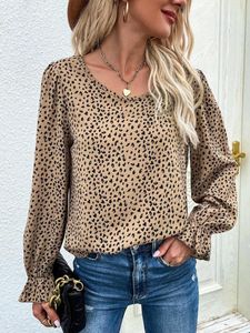 Blusas Femininas Outono 2023 Camisa Decote Redondo Cáqui Estampa de Leopardo Manga Trumpet Solta Casual Temperamento Commuter Top Longo