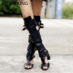 Botas Sexy Summer Chunky Knee High Motorcycle Women Peep Toe Cut Out Heals Black Ladies Gladiator Sandals 230710