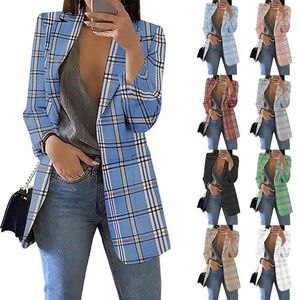 2023 nova moda européia americana xadrez casual ternos femininos com lapela gola fina cardigã blazer feminino primavera outono