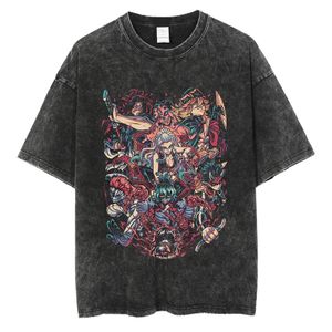 Camiseta Masculina Anime Washed Camiseta Demon Slayer Camiseta Nezuko Tanjirou Camiseta Oversized 100 Algodão Camiseta Manga Curta Summer Black Top 230710