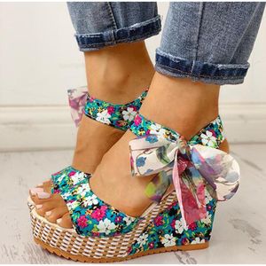 Sandali Ladies Summer Beach Boho Floral Sandali con zeppa Donna Cinturino alla caviglia Piattaforma Gladiatore Scarpe Donna Tacchi alti Sandalias Mujer 230710