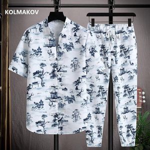Blazers (skjorta + byxor) 2022 Summer Chinese Style Printing Men Shirt Cotton Shirts Men's Casual Elastic midjet Skjortor Män