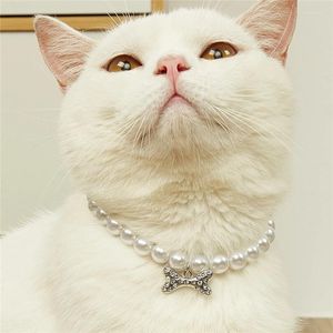 Dog Collars Fashion Pet Coller Puppy Cat Pearl Necklace Accessories Bone Diamond Pets Dogs Cats Collar & Leads Bowknot Jewelry