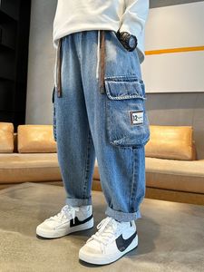 Jeans vår höst barn casual last byxor för stor pojke barn mode vintage byxor bomulls tröjor tonårspojkar 14 till 5 år 230711