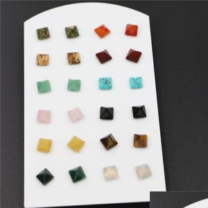 Stud 8x8mm Piramit Doğal Taş Kristal Kaplan Göz Gül Kuvars Turquoises Ametist Kırmızı Akik Boncuklar Kadınlar için Küpe Dam Dh2zn