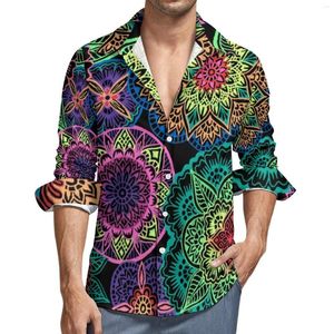 Herren-Freizeithemden, Neon-Mandala-Druck-Hemd, männlich, bunt, floral, Herbst, stilvolle Blusen, Langarm, trendiges Oversize-Top, Geschenkidee