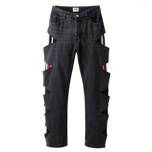 Jeans masculino vazado lateral listrado preto e calça feminina streetwear envelhecido casual folgado cargo unissex Y2K grande