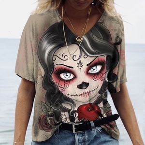 Damen T-Shirt Vintage Skull Face Damen T-Shirt Tops V-Ausschnitt Lässige Baumwolle Kurzarm Pullover Sommer Weiblich Harajuku Punk Streetwear 230711