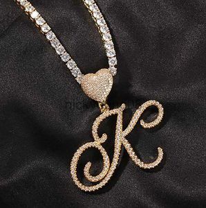 Pendant Necklaces Iced Out A-Z Cursive Writing Letters Pendant Necklace Love Heart Hoop Charm with 24inch Rope Necklaces Zirconia Hiphop Jewelry x0711 x0711