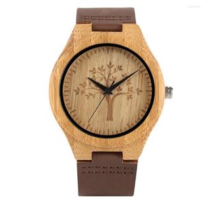 Zegarki na rękę grawerowane drzewo wybierania zegarek kwarcowy z prawdziwej skóry mężczyźni kobiety naturalny stylowy bambusowy futerał męski zegarek na co dzień mężczyzna zegar