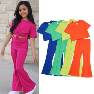 Jerseys Kids Girls Summer Outfit Toddler Short Sleeve T Shirt Tops Flared Pants Leggings 2pcs Set Cute Children Clothes 230711