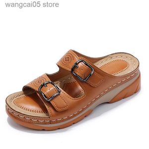 Slippers Women Closed Toe Summer Shoes 2022 New Comfort Double Buckle Wedge Ladies Sandals Plus Size Platform Casual Slippers Women T230711