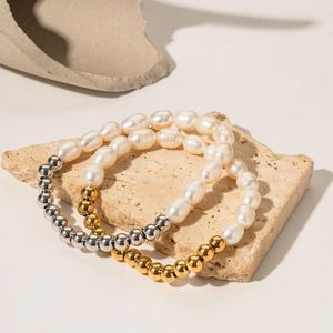 Pulseira de aço inoxidável PVD banhado a ouro 18K à prova d'água com contas de pérolas naturais para mulheres joias por atacado na moda