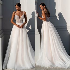 Fashion A Line Wedding Dresses for bride Spaghetti Sequins Top Wedding Dress Tulle designer bridal gowns sweep train