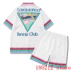 Mens Trailtsits Renkli Stripe Kazablanka Tenis Kulübü Şort Gömlek Set Erkek Kadınlar Kumaş Hawaii Beach Mountain Desen Takım 230710