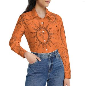 Damenblusen Vintage Sonne Mond Sterne Bluse Weiblich Orange Magic Celestial Street Wear Lose Langarm Hübsche Hemden Design Tops