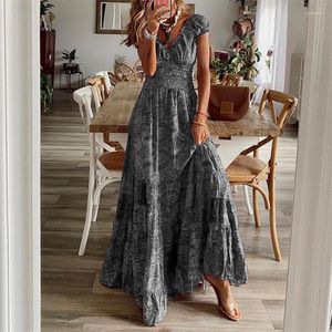 Festklänningar Sommarklänning Kvinnor Boho V-hals Bomull För Vintage Tribal Print Rynkad Midja Maxi Casual Elegans Kvinna Vestidos