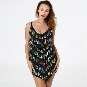 Stage Wear Sexy Women Low-cut Spaghetti Mini Strap Dance Dress Night Club Lady Fringed Sequins Performance Costume3029