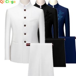 Ternos Masculinos Blazers Branco Gola Estilo Chinês Slim Fit Duas Peças Conjunto de Ternos Homens Zhong Shan Blazer Jaqueta Casaco Calças Calças 2 Pcs 7XL 230711