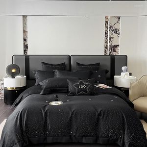 Set di biancheria da letto Luxury Blcak 1000TC Cotone egiziano Morbido set setoso Star Fix Copripiumino con strass Piatto / Lenzuolo con angoli Federa