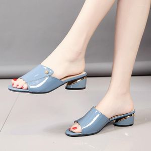 Slippers Arrivals Summer For Woman Slides Sandals Ladies Block Heels Patent Leather Shoes Open Toe Wide Foot Black Big 35-41