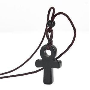 Pendant Necklaces Natural Obsidian Ancient Egypt Crux Ansata Anka Cross Crucifix Necklace Charm Energy Quartz Dangle Choker Amulet Jewelry