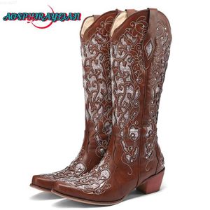 Сапоги Bling Crystals Vintage Western Denim High Boots Women 2023 Швейная цветочная ковбойская сапог L230711