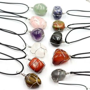 Pendant Necklaces Natural Stone Sier Color Wire Winding Necklace Irregar Amethyst Rose Quartz Crystal Agate Drop Delivery Jewelry Pen Dhhdb