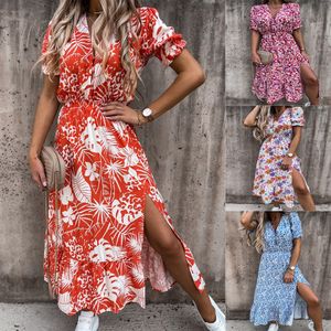 Vestidos casuais básicos femininos estampa floral solto maxi vestido longo primavera verão decote em v manga curta bufante túnica dividida lateral vestidos de festa MCFS-88628 230710