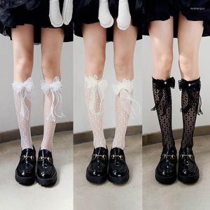 Women Socks Ladies Mid-Calf With Lace Trimmed Bowknot Decors Hollow Cutout Sweet Stockings Summer Fashion Cute